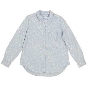 Foxcroft Butterfly Chambray Longsleeve Button Up Shirt Size 10 Blue Preppy